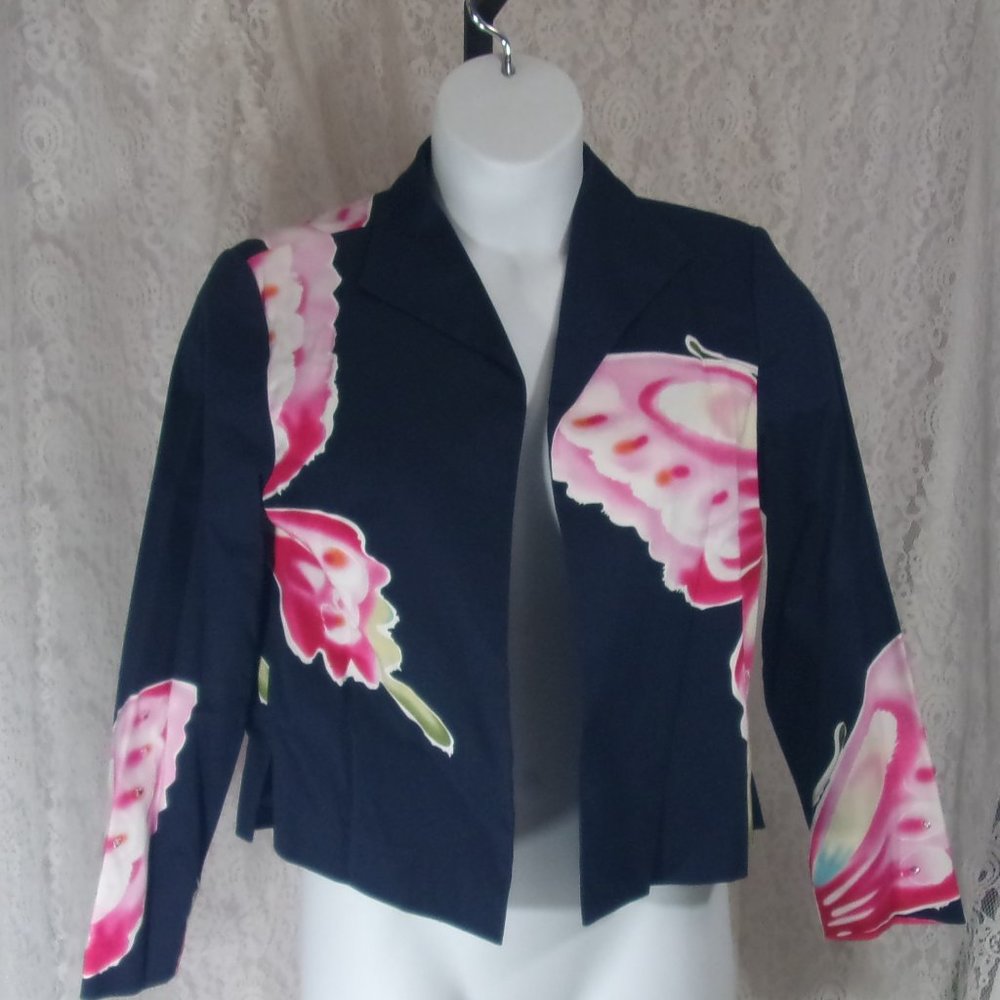 Ilyse Hart Butterfly Jacket Navy Blue  Pink NWOT  Size M